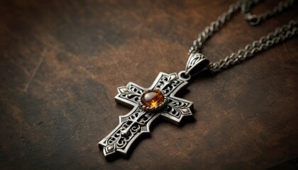  a close up of a cross on a table with a chain hanging off the side of the cross and a stone in the center of the cross on the side of the cross.