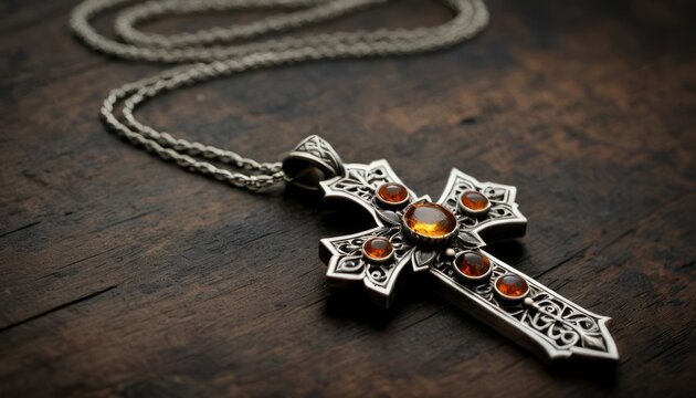  a cross on a wooden table with a chain on the bottom of the cross and a stone in the middle of the cross on top of the cross is a chain.