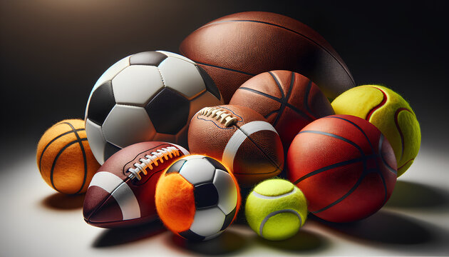 An assortment of sports balls arranged closely together on a white background. The collection includes a soccer ball with its classic black and white, Generative AI