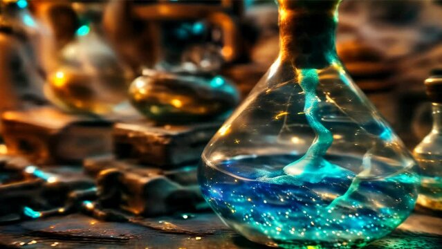 A curiously shaped potion bottle filled with glowing liquid, shining amidst a mystical ambiance.
