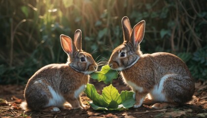 Naklejka na ściany i meble a couple of rabbits sitting next to each other on top of a leafy green leafy plant in front of a forest filled with tall grass and shrubbery.