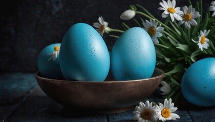 Obraz na płótnie Canvas a bowl filled with blue eggs sitting on top of a wooden table next to a bunch of daisies and a vase filled with white and yellow and white flowers.