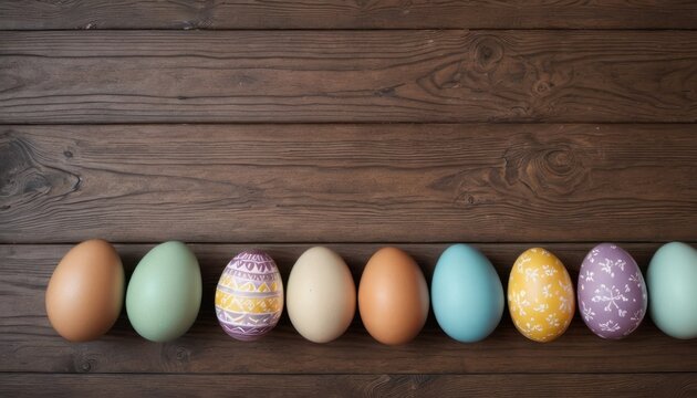  a row of different colored eggs sitting on top of a wooden table in front of a wooden wall with a painted egg in the middle of the row of the row.