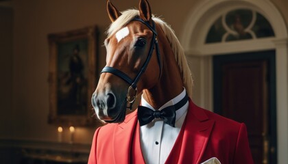  a close up of a horse wearing a red suit and a white shirt with a black tie and a brown horse in a room with a painting on the wall.