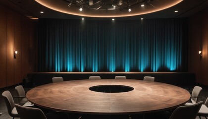  a round table with chairs around it in front of a curtained wall and a circular table with chairs around it in front of a circular table with chairs in front of it.