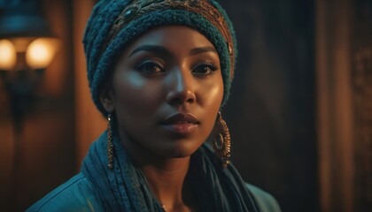  a close up of a person wearing a head scarf and a scarf around her neck and wearing earrings and a scarf around her neck and wearing a scarf around her neck.