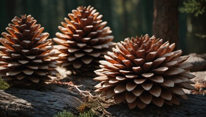 Naklejka na ściany i meble a group of pine cones sitting on top of a log in the middle of a forest with lots of pine cones on top of each of the pine tree trunk.