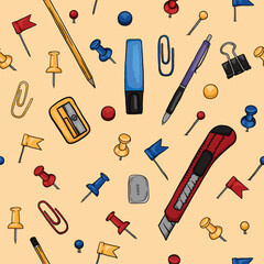 Seamless vector pattern for gift paper and background with office, school stationery and clips. Hand-drawn illustration