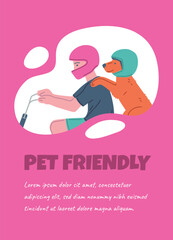 Happy man traveling on motorbike with dog in helmets, enjoying holiday with pet vector animal safe transportation poster
