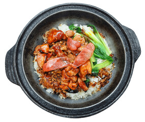 Nga Pou Kai Fan Clay Pot Chicken Rice with Chinese Sausages served in hot plate pot isolated photo