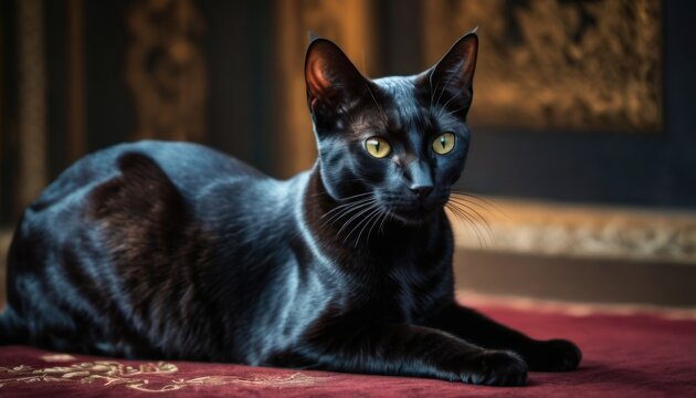  a black cat with yellow eyes laying on a red carpet in a room with gold trimmings and a painting on the wall in the back of it's corner.