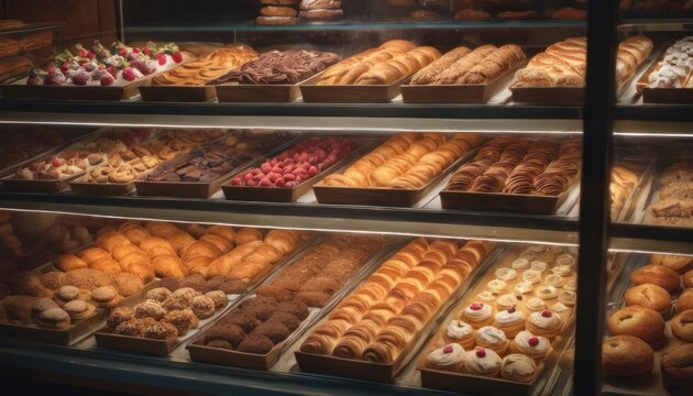  a display case filled with lots of different types of doughnuts and pastries on display in front of a glass display case filled with lots of different types of doughnuts.