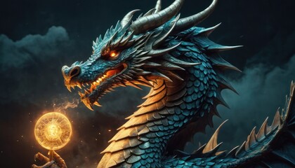  a close up of a dragon with a ball of fire in its mouth on a dark background with clouds and a full moon in the sky in the foreground.