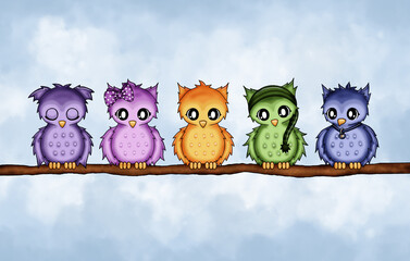 cute owls on tree branch illustration