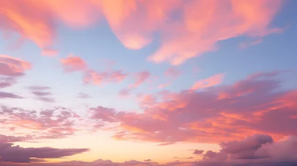 Poster Sky at sunset, sky at sunrise, clouds, orange clouds cirrus clouds, cumulus clouds, sky gradient, sky background at dusk, twilight, nightfall, pink sky, pink clouds, sun, environment, background © john