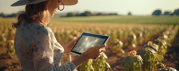 Tablet in woman farmer hands  in agro field background. banner. farmer checking seeding quality