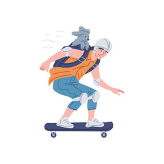 Boy riding skateboard with dog in backpack vector illustration.