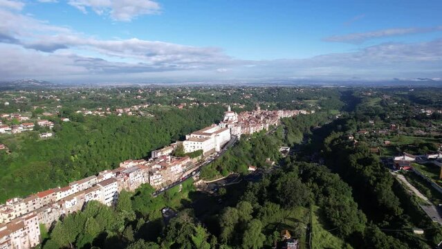 Cinematic aerial establisher stunning ancient Italian city Zagarolo, narrow hill