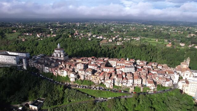 Ancient city Zagarolo on a narrow hill, aerial establisher tiny streets in Italy
