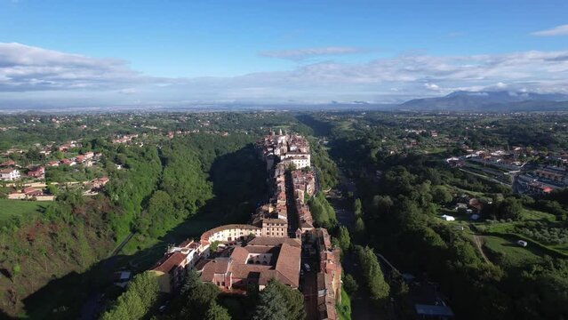 Cityscape panorama Italy roman city Zagarolo, aerial dolly out, scenic landscape