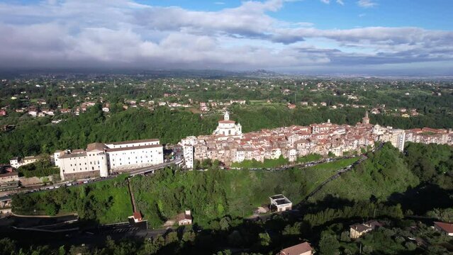 Aerial orbit around famous village Zagarolo in Italy on a sunny summer morning