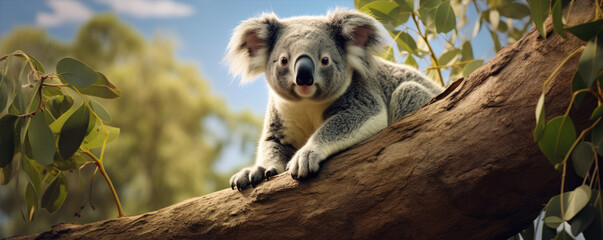 Fototapeta premium Koala on tree in natural habitat. Portrait of koala in sunshine backlight.