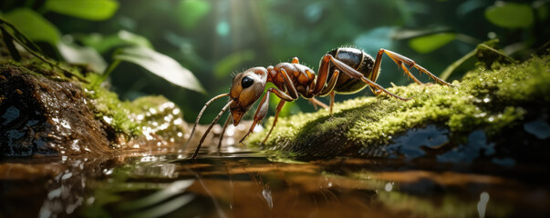 Fototapeta premium Ant in green nature near water or forest brook. Ants drinking detail, copy space for text.
