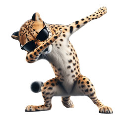 Cheetah wearing a sunglasses and doing the Dab dance.