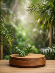 Obraz premium Wooden small podium with tropical leaves on blurred and closeup background 