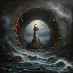 horror and creepy lighthouse seen through the fog hole