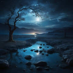 moon over the blue sky and mountains