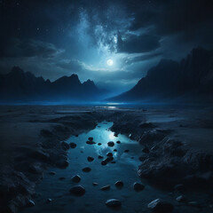 moon over the blue sky and mountains