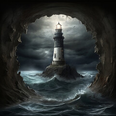 lighthouse in the night through the cave hole view