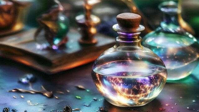 A curiously shaped potion bottle filled with glowing liquid, shining amidst a mystical ambiance.
