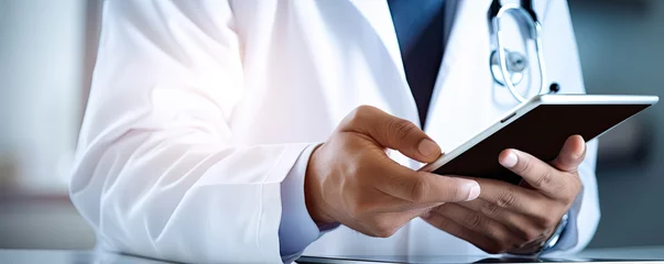 Fotobehang Doctor using digital tablet in hospital rooms. digital healthcare and medicine review.  banner © Michal