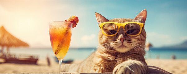 Funny cat with sunglasses on tropical bech drinking fresh juice. Cool cat concept