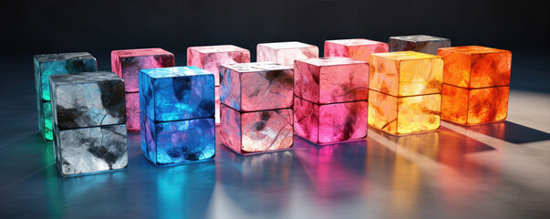 Many colored cubes from crystal or glass. Cub in diferrent colors.