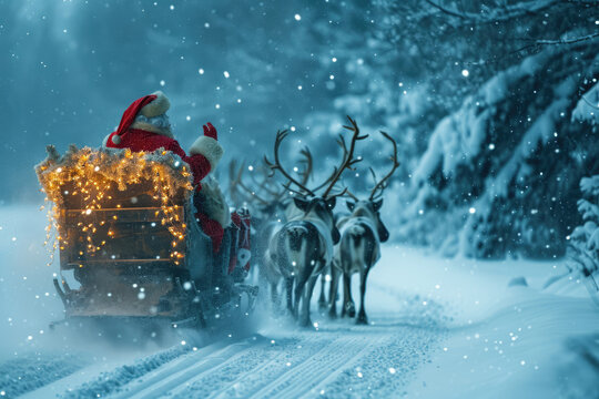Santa Claus en trineo con renos en un bosque de pinos con mucha nieve