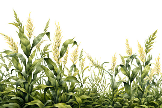 Picture watercolor. corn field draw green isolated on cut out PNG or transparent background. Realistic leaves changing color clipart template pattern.