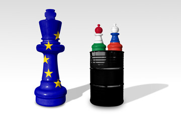 Chess made from EU, Hungary and Russia flags. Viktor Orban and Hungary relations with Europe Union