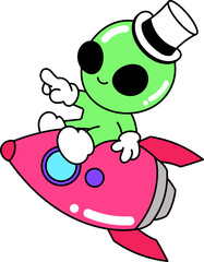 Groovy alien character with rocket illustration