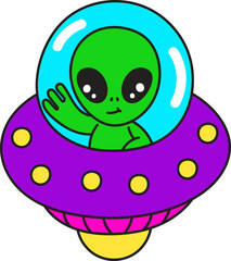 Groovy spaceship with alien character illustration