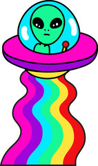 Groovy spaceship with alien character illustration