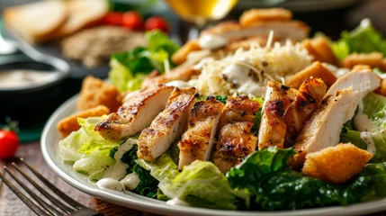 Poster Caesar salad with chicken close-up. Restaurant serving. © lastfurianec