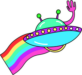 Groovy spaceship with alien character illustration