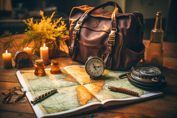 Travel planner with Object and accessories for travelers.  Generative AI