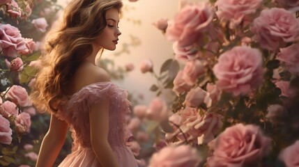 Elegant woman in pink dress enjoying rose garden. Romantic floral setting.