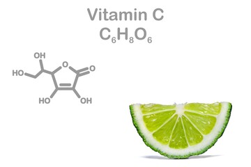 Photo of a lime slice with added structural formula of vitamin c.