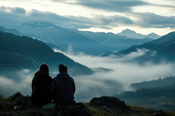 Fototapeta premium Couple Shares Moment Of Silence, Watching The Fog Roll Over Mountain Valley At Dawn