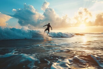 Man Surfs The Waves In The Surf Paradise Of Bali, Indonesia